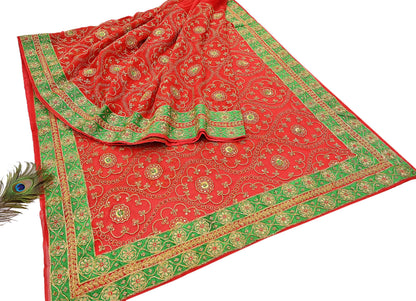 Antique Vintage Red Georgette Saree Hand Beaded Heavy Zari Ethnic Wedding Sari 5Yd Craft Fabric Dress Making Sewing