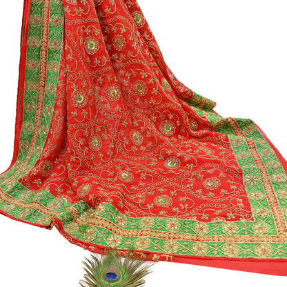 Antique Vintage Red Georgette Saree Hand Beaded Heavy Zari Ethnic Wedding Sari 5Yd Craft Fabric Dress Making Sewing