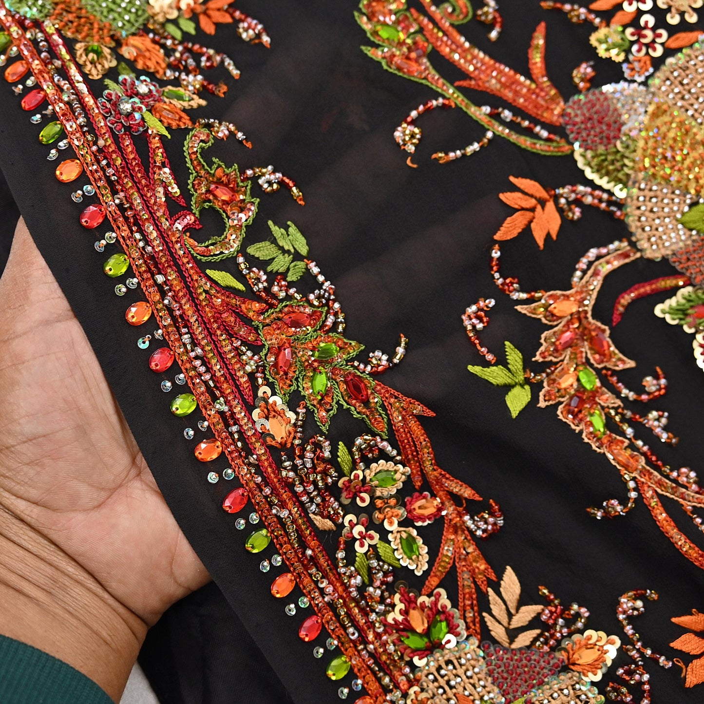 Indian Vintage Heavy Sari Black Pure Georgette Silk Hand Embroidered Parsi Gara Sarees Craft Fabric 5Yd Sewing Dress making Wedding sari
