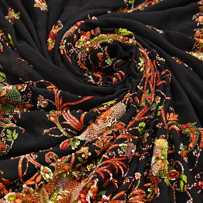 Indian Vintage Heavy Sari Black Pure Georgette Silk Hand Embroidered Parsi Gara Sarees Craft Fabric 5Yd Sewing Dress making Wedding sari