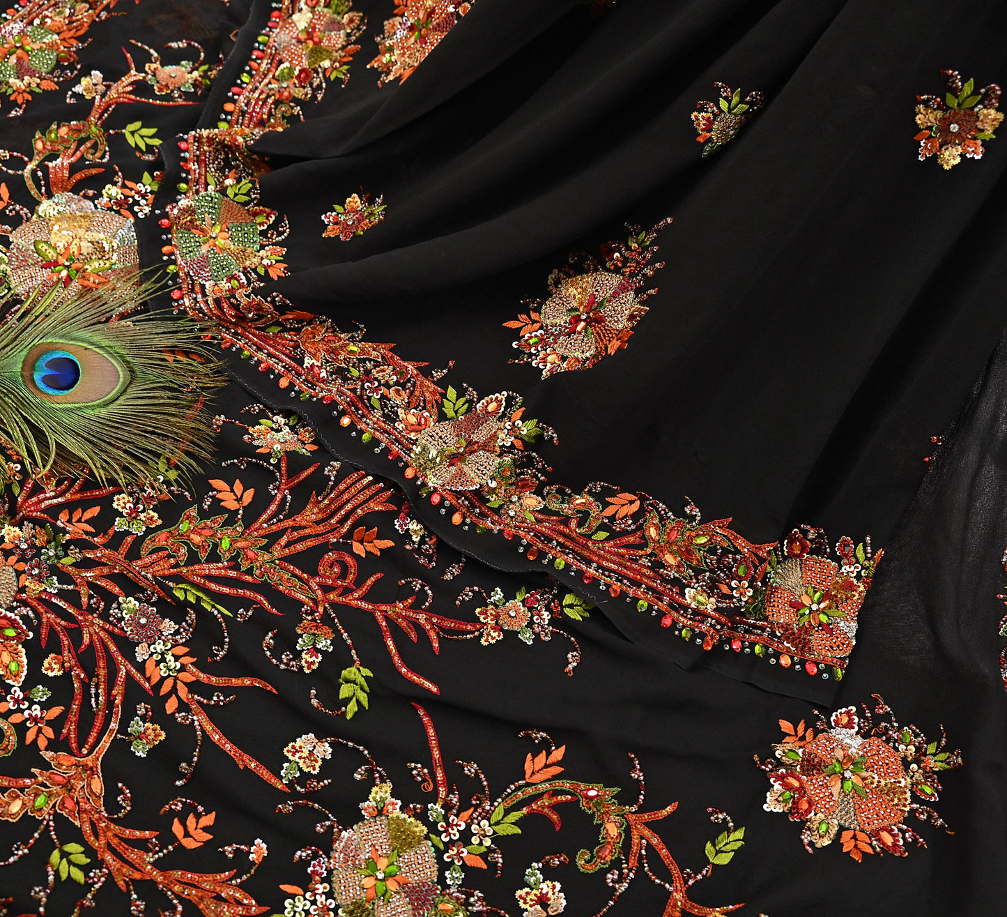 Indian Vintage Heavy Sari Black Pure Georgette Silk Hand Embroidered Parsi Gara Sarees Craft Fabric 5Yd Sewing Dress making Wedding sari