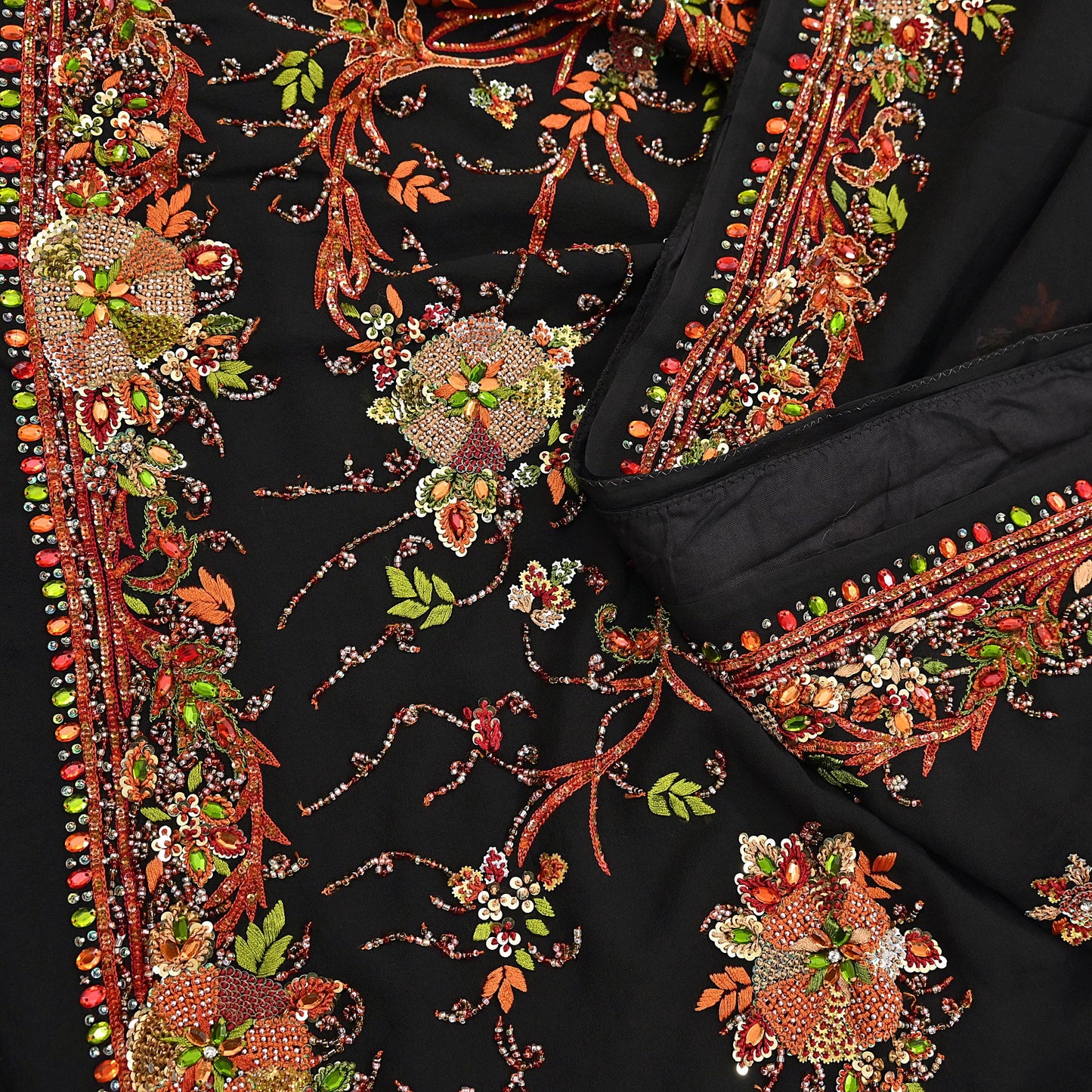 Indian Vintage Heavy Sari Black Pure Georgette Silk Hand Embroidered Parsi Gara Sarees Craft Fabric 5Yd Sewing Dress making Wedding sari