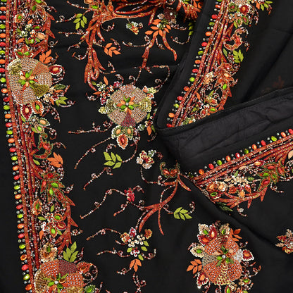 Indian Vintage Heavy Sari Black Pure Georgette Silk Hand Embroidered Parsi Gara Sarees Craft Fabric 5Yd Sewing Dress making Wedding sari