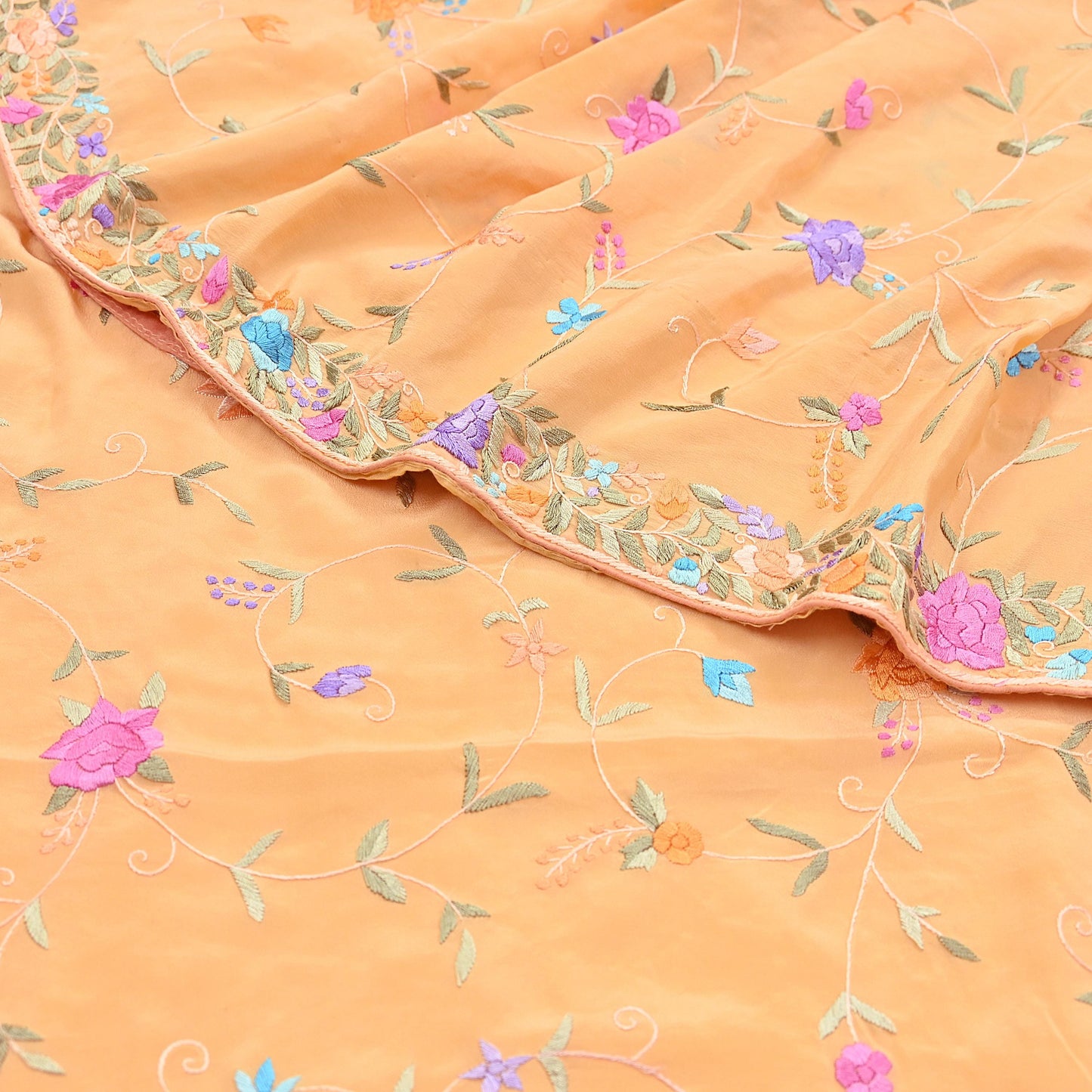 Indian Vintage Heavy Sari Peach Pure Crepe Silk Hand Embroidered Parsi Gara Sarees Craft Fabric 5Yd Sewing Dress making Wedding  Crafting