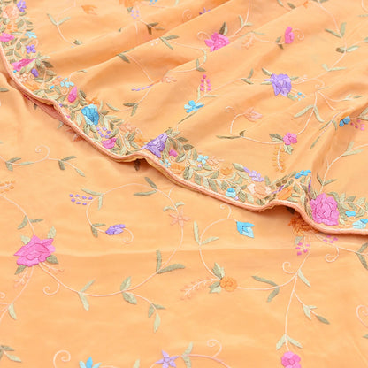 Indian Vintage Heavy Sari Peach Pure Crepe Silk Hand Embroidered Parsi Gara Sarees Craft Fabric 5Yd Sewing Dress making Wedding  Crafting