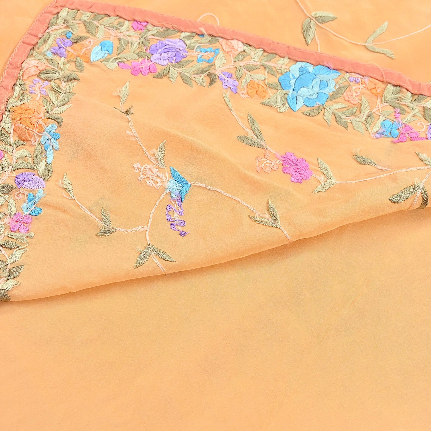 Indian Vintage Heavy Sari Peach Pure Crepe Silk Hand Embroidered Parsi Gara Sarees Craft Fabric 5Yd Sewing Dress making Wedding  Crafting