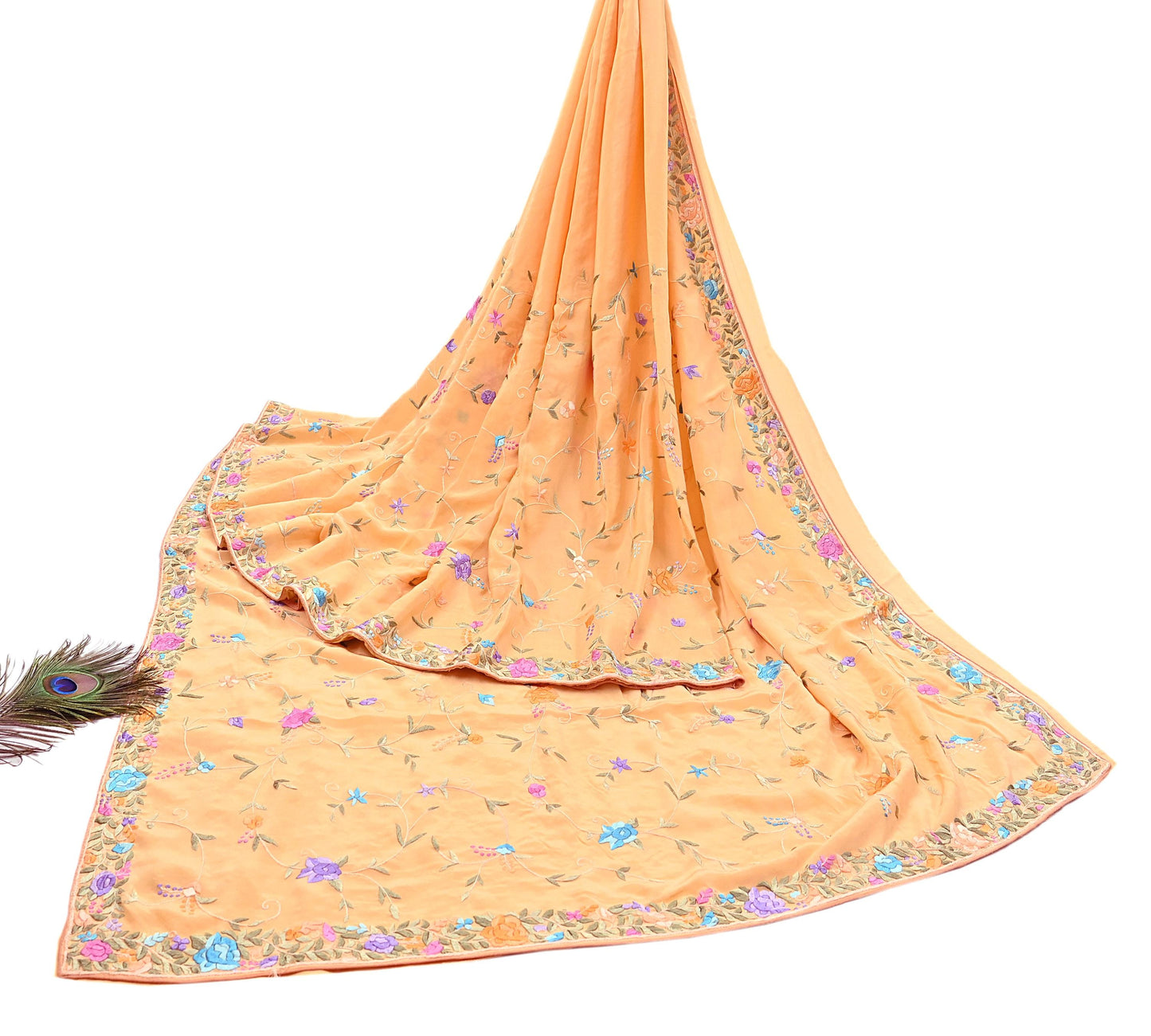 Indian Vintage Heavy Sari Peach Pure Crepe Silk Hand Embroidered Parsi Gara Sarees Craft Fabric 5Yd Sewing Dress making Wedding  Crafting