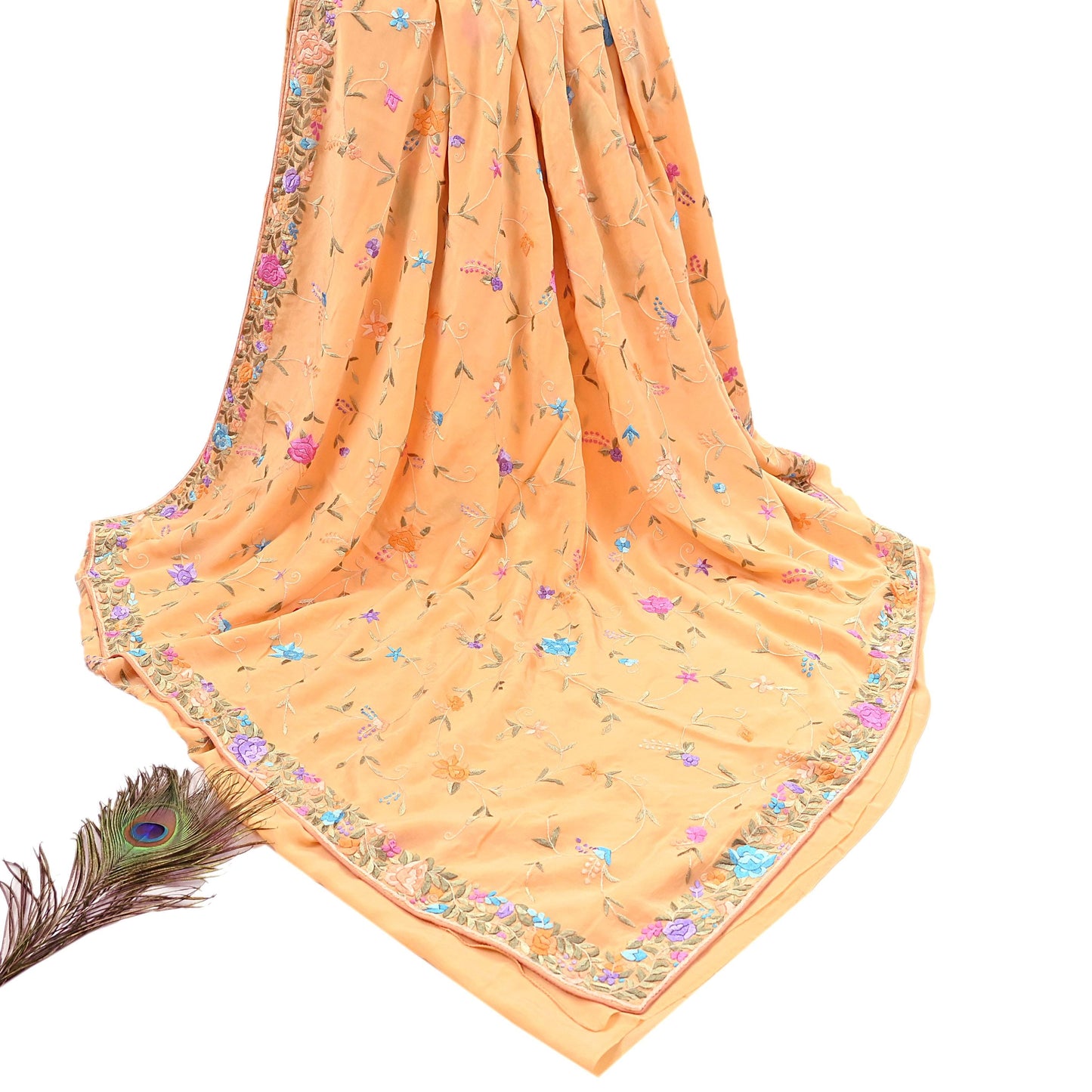 Indian Vintage Heavy Sari Peach Pure Crepe Silk Hand Embroidered Parsi Gara Sarees Craft Fabric 5Yd Sewing Dress making Wedding  Crafting