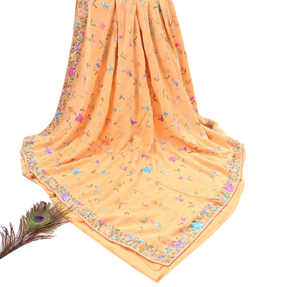 Indian Vintage Heavy Sari Peach Pure Crepe Silk Hand Embroidered Parsi Gara Sarees Craft Fabric 5Yd Sewing Dress making Wedding  Crafting