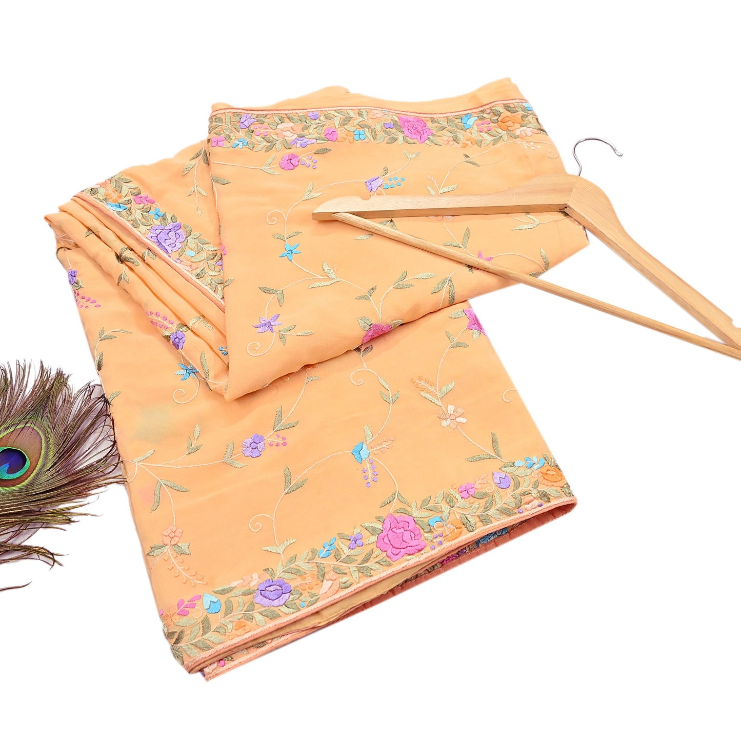 Indian Vintage Heavy Sari Peach Pure Crepe Silk Hand Embroidered Parsi Gara Sarees Craft Fabric 5Yd Sewing Dress making Wedding  Crafting