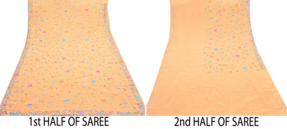 Indian Vintage Heavy Sari Peach Pure Crepe Silk Hand Embroidered Parsi Gara Sarees Craft Fabric 5Yd Sewing Dress making Wedding  Crafting