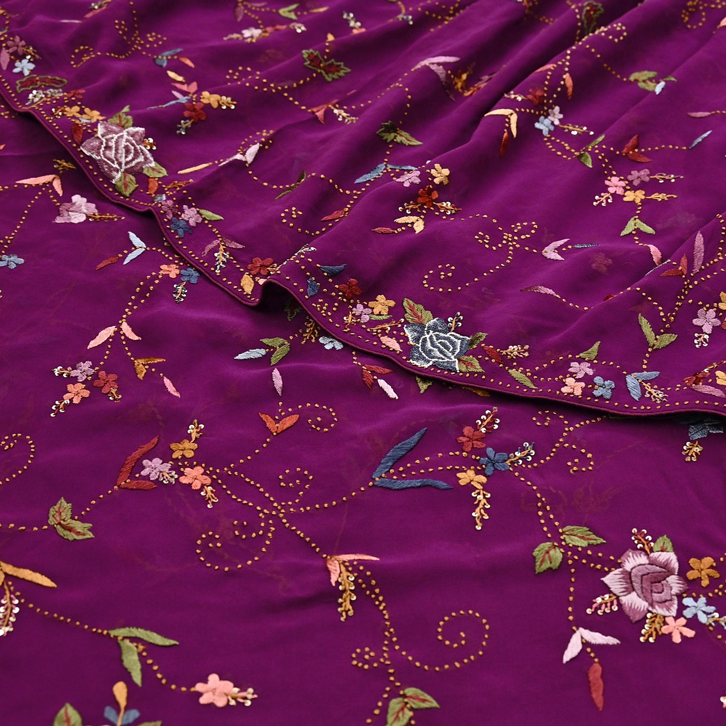 Indian Vintage Heavy Sari Purple Pure Georgette Silk Hand Embroidered Parsi Gara Sarees Craft Fabric 6Yd Sewing Dress making