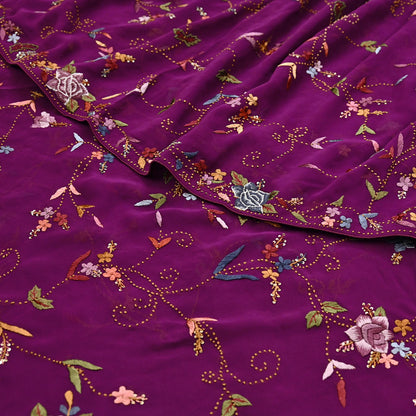 Indian Vintage Heavy Sari Purple Pure Georgette Silk Hand Embroidered Parsi Gara Sarees Craft Fabric 6Yd Sewing Dress making