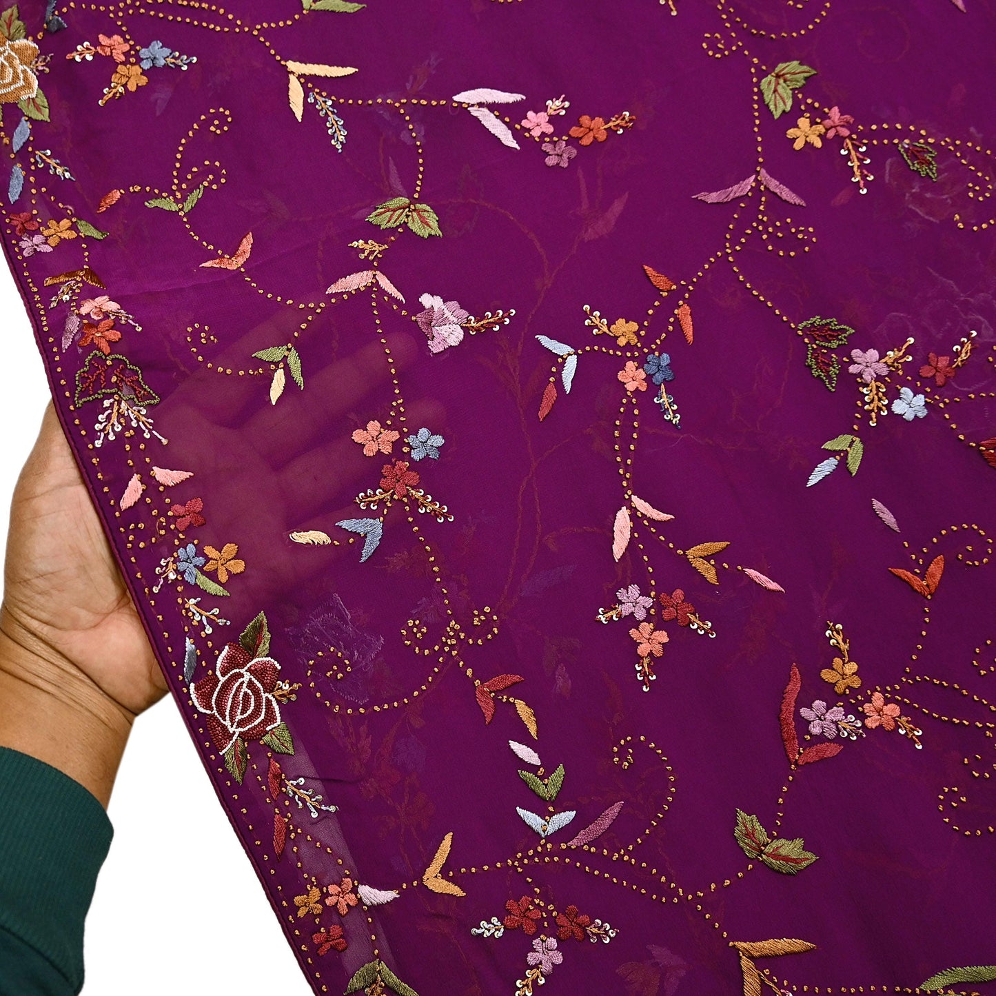 Indian Vintage Heavy Sari Purple Pure Georgette Silk Hand Embroidered Parsi Gara Sarees Craft Fabric 6Yd Sewing Dress making