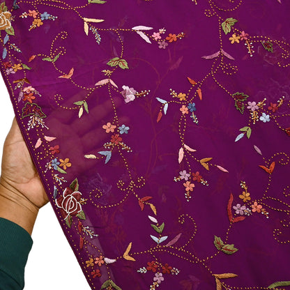 Indian Vintage Heavy Sari Purple Pure Georgette Silk Hand Embroidered Parsi Gara Sarees Craft Fabric 6Yd Sewing Dress making