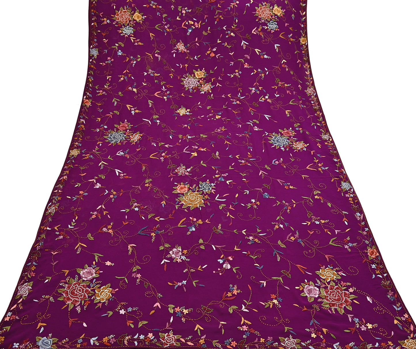 Indian Vintage Heavy Sari Purple Pure Georgette Silk Hand Embroidered Parsi Gara Sarees Craft Fabric 6Yd Sewing Dress making