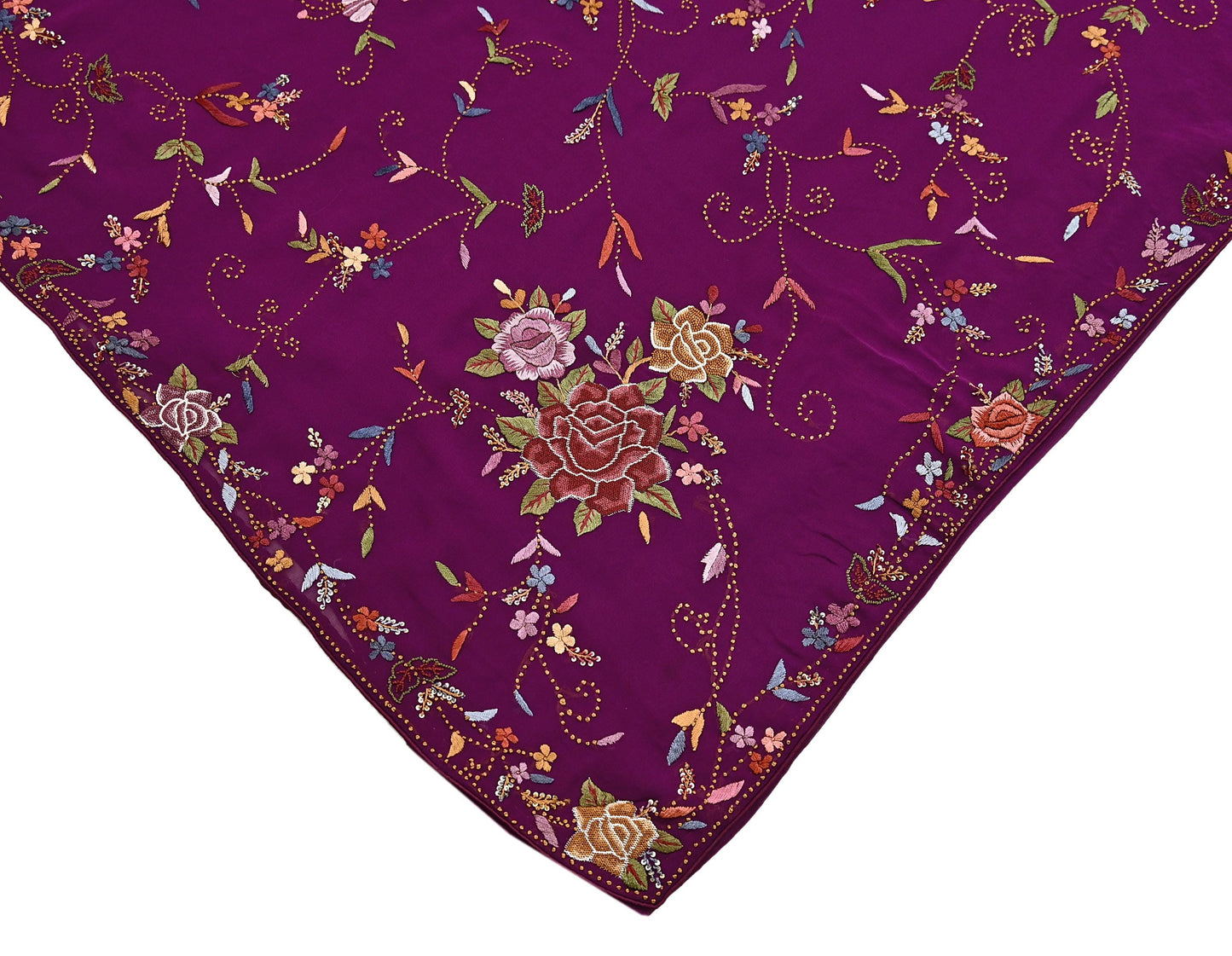 Indian Vintage Heavy Sari Purple Pure Georgette Silk Hand Embroidered Parsi Gara Sarees Craft Fabric 6Yd Sewing Dress making