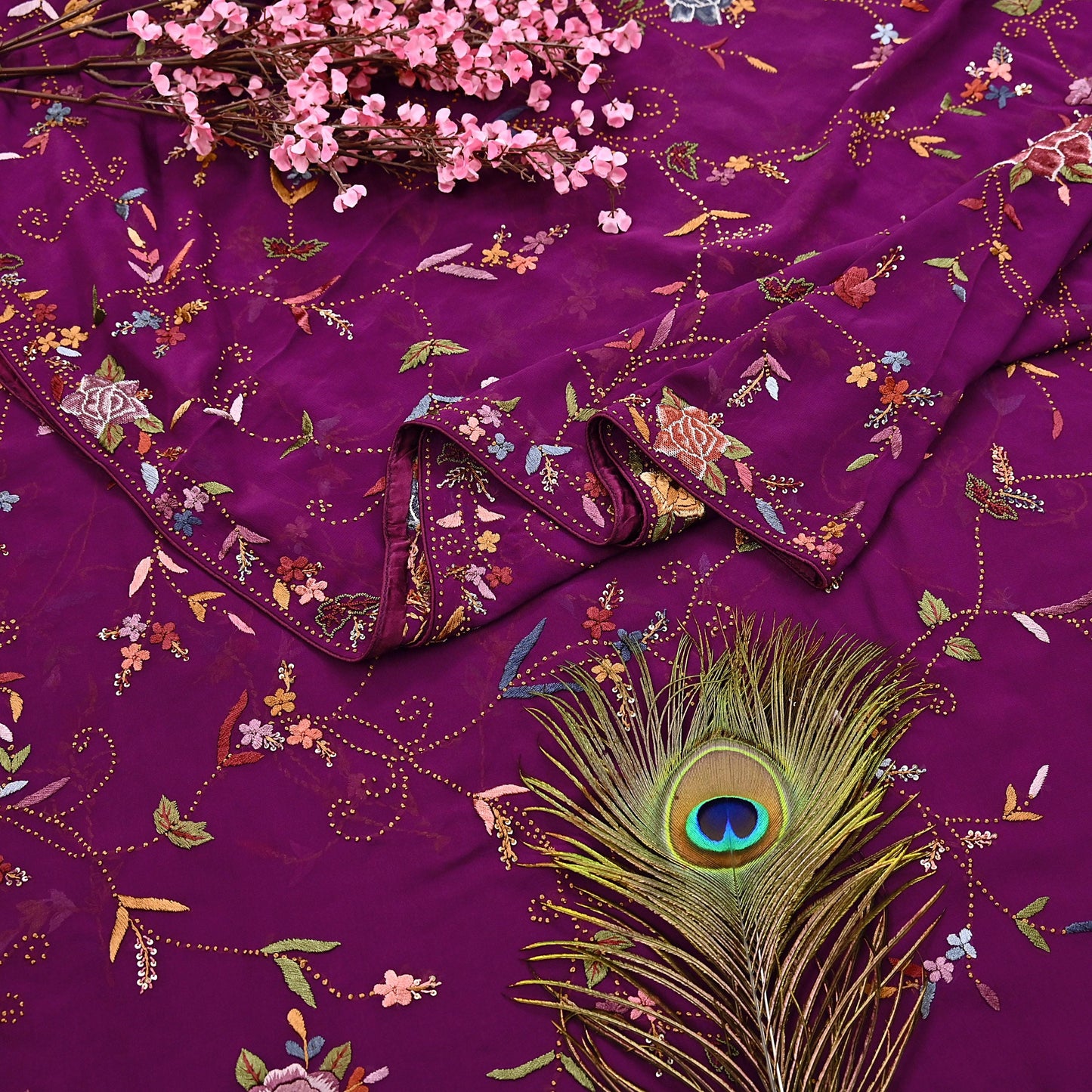 Indian Vintage Heavy Sari Purple Pure Georgette Silk Hand Embroidered Parsi Gara Sarees Craft Fabric 6Yd Sewing Dress making
