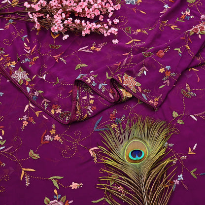 Indian Vintage Heavy Sari Purple Pure Georgette Silk Hand Embroidered Parsi Gara Sarees Craft Fabric 6Yd Sewing Dress making