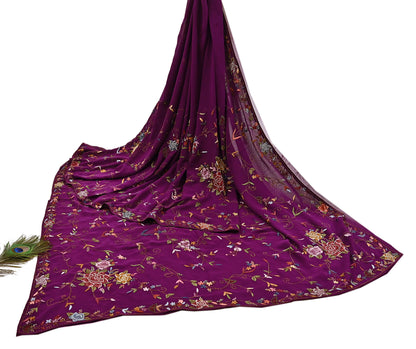 Indian Vintage Heavy Sari Purple Pure Georgette Silk Hand Embroidered Parsi Gara Sarees Craft Fabric 6Yd Sewing Dress making
