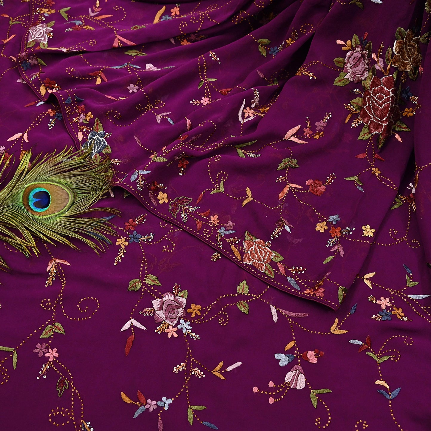 Indian Vintage Heavy Sari Purple Pure Georgette Silk Hand Embroidered Parsi Gara Sarees Craft Fabric 6Yd Sewing Dress making
