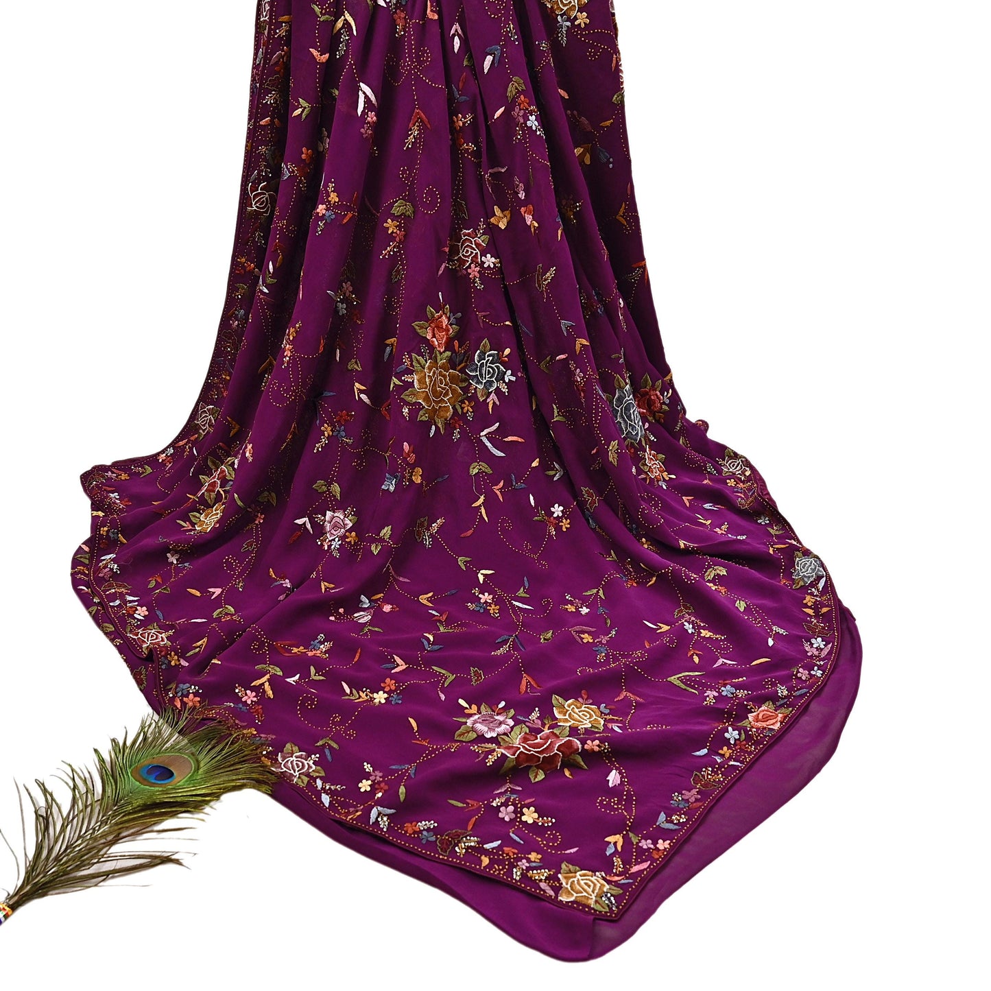 Indian Vintage Heavy Sari Purple Pure Georgette Silk Hand Embroidered Parsi Gara Sarees Craft Fabric 6Yd Sewing Dress making
