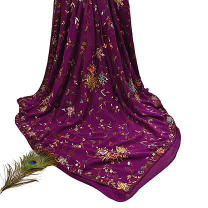 Indian Vintage Heavy Sari Purple Pure Georgette Silk Hand Embroidered Parsi Gara Sarees Craft Fabric 6Yd Sewing Dress making