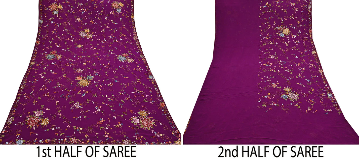 Indian Vintage Heavy Sari Purple Pure Georgette Silk Hand Embroidered Parsi Gara Sarees Craft Fabric 6Yd Sewing Dress making