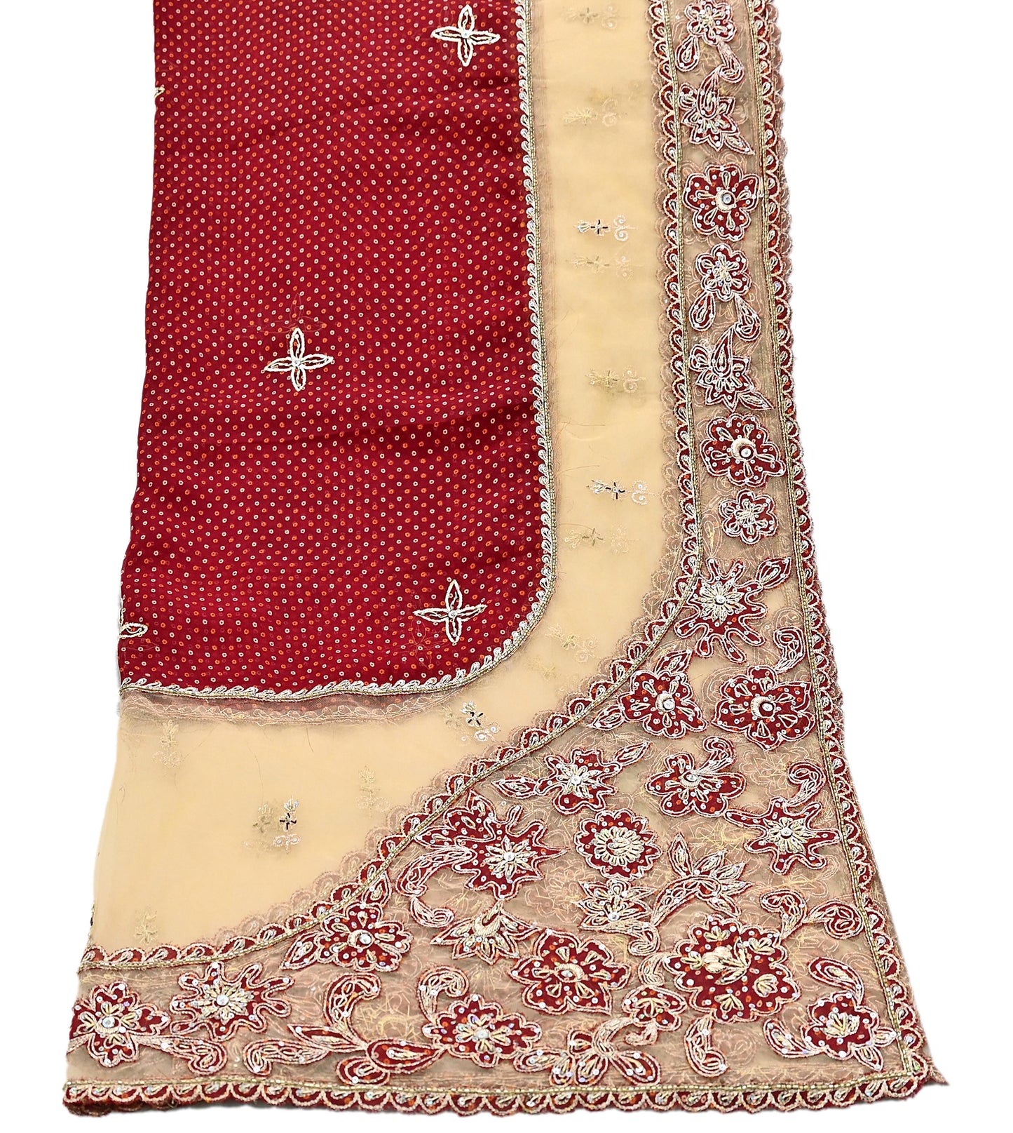 Indian Vintage Heavy Beige & Red Dupatta Net/ Georgette Mesh Long Stole Hand Embroidered Bandhani Scarves Zardozi Zari Hijab Veil wrap