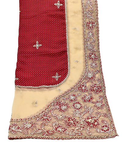 Indian Vintage Heavy Beige & Red Dupatta Net/ Georgette Mesh Long Stole Hand Embroidered Bandhani Scarves Zardozi Zari Hijab Veil wrap