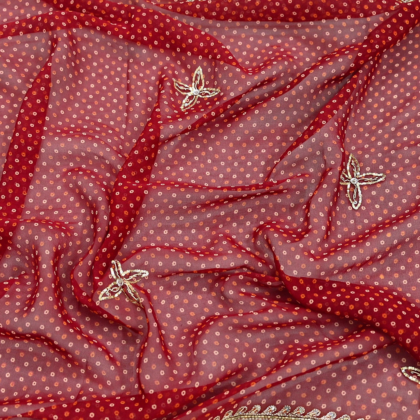 Indian Vintage Heavy Beige & Red Dupatta Net/ Georgette Mesh Long Stole Hand Embroidered Bandhani Scarves Zardozi Zari Hijab Veil wrap