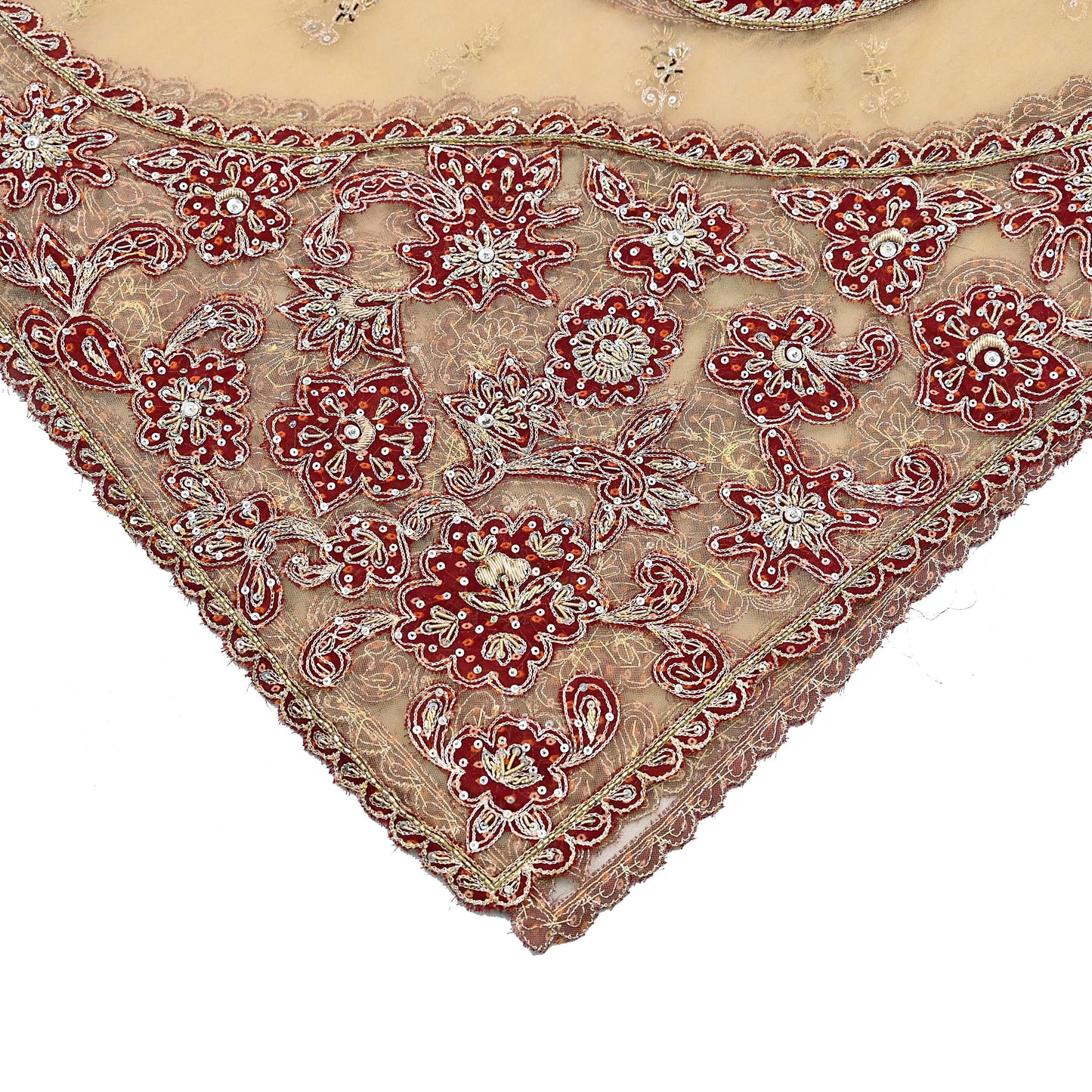Indian Vintage Heavy Beige & Red Dupatta Net/ Georgette Mesh Long Stole Hand Embroidered Bandhani Scarves Zardozi Zari Hijab Veil wrap