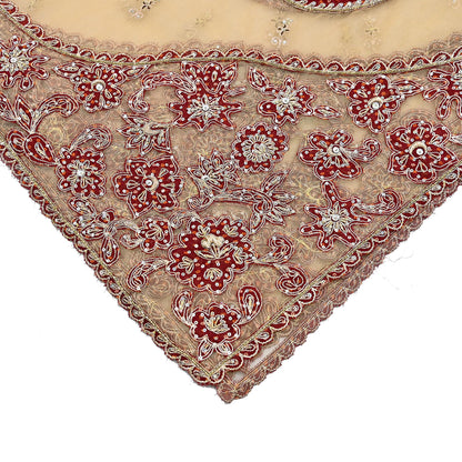 Indian Vintage Heavy Beige & Red Dupatta Net/ Georgette Mesh Long Stole Hand Embroidered Bandhani Scarves Zardozi Zari Hijab Veil wrap