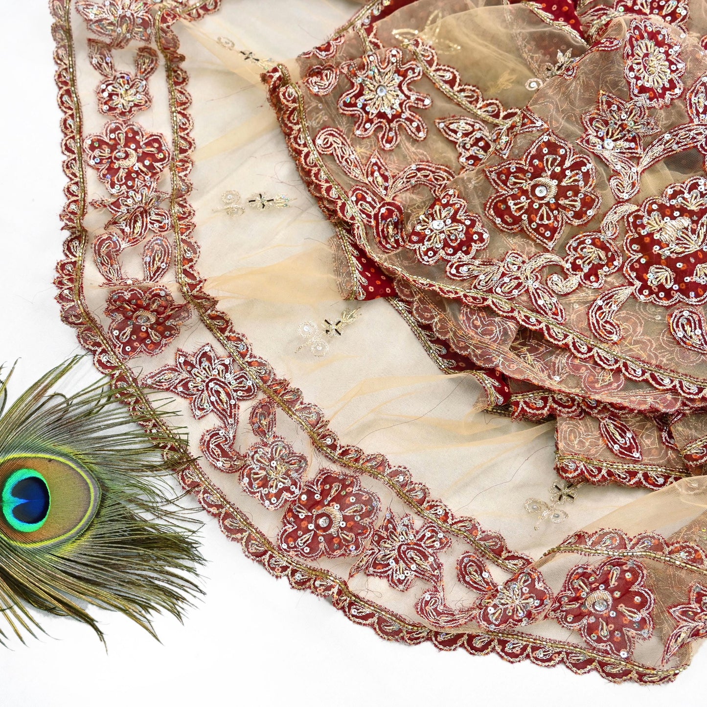 Indian Vintage Heavy Beige & Red Dupatta Net/ Georgette Mesh Long Stole Hand Embroidered Bandhani Scarves Zardozi Zari Hijab Veil wrap