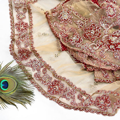 Indian Vintage Heavy Beige & Red Dupatta Net/ Georgette Mesh Long Stole Hand Embroidered Bandhani Scarves Zardozi Zari Hijab Veil wrap