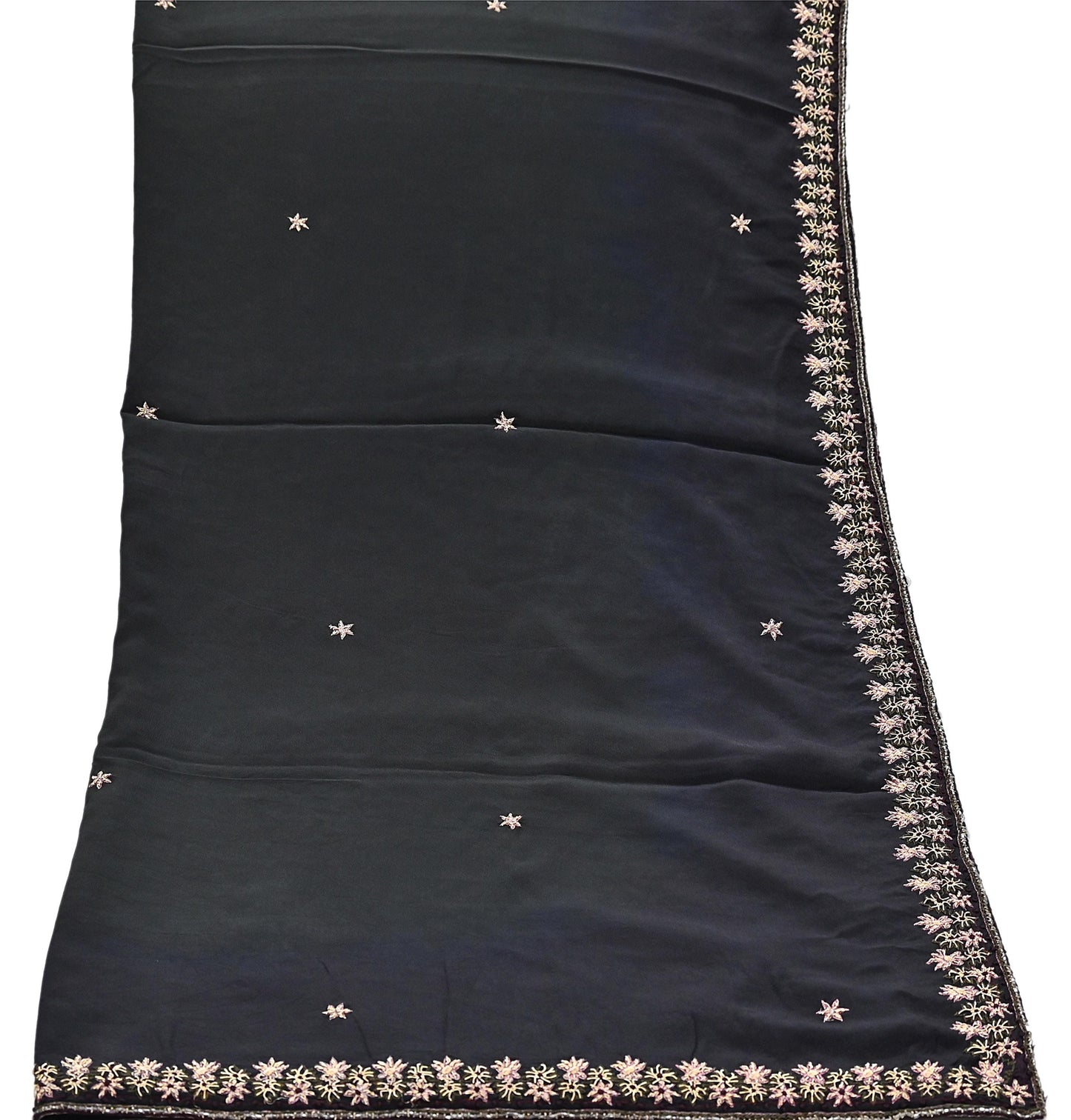 Indian Vintage Black Dupatta Long Stole Pure Crepe Silk Hand Embroidered Scarves Veil Scarf Wrap Hippie Boho Zardozi/ Dabka