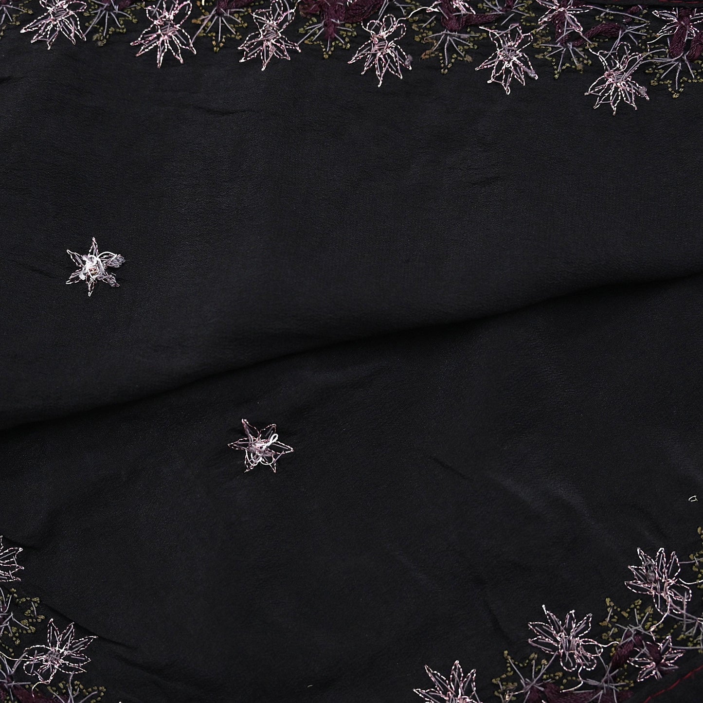 Indian Vintage Black Dupatta Long Stole Pure Crepe Silk Hand Embroidered Scarves Veil Scarf Wrap Hippie Boho Zardozi/ Dabka