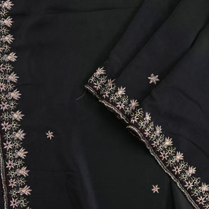 Indian Vintage Black Dupatta Long Stole Pure Crepe Silk Hand Embroidered Scarves Veil Scarf Wrap Hippie Boho Zardozi/ Dabka