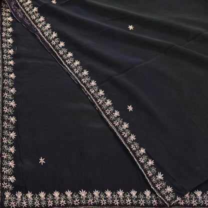 Indian Vintage Black Dupatta Long Stole Pure Crepe Silk Hand Embroidered Scarves Veil Scarf Wrap Hippie Boho Zardozi/ Dabka