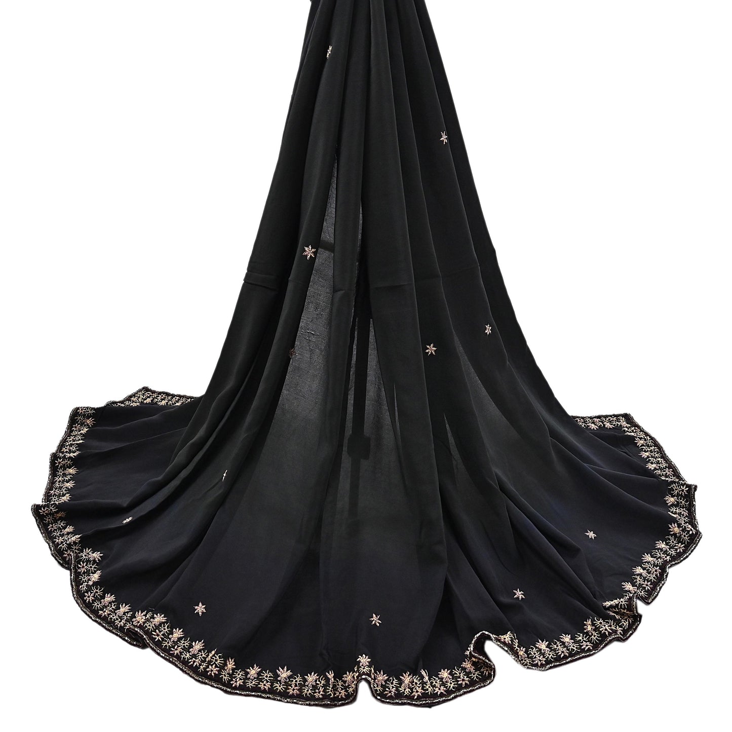 Indian Vintage Black Dupatta Long Stole Pure Crepe Silk Hand Embroidered Scarves Veil Scarf Wrap Hippie Boho Zardozi/ Dabka