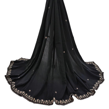 Indian Vintage Black Dupatta Long Stole Pure Crepe Silk Hand Embroidered Scarves Veil Scarf Wrap Hippie Boho Zardozi/ Dabka