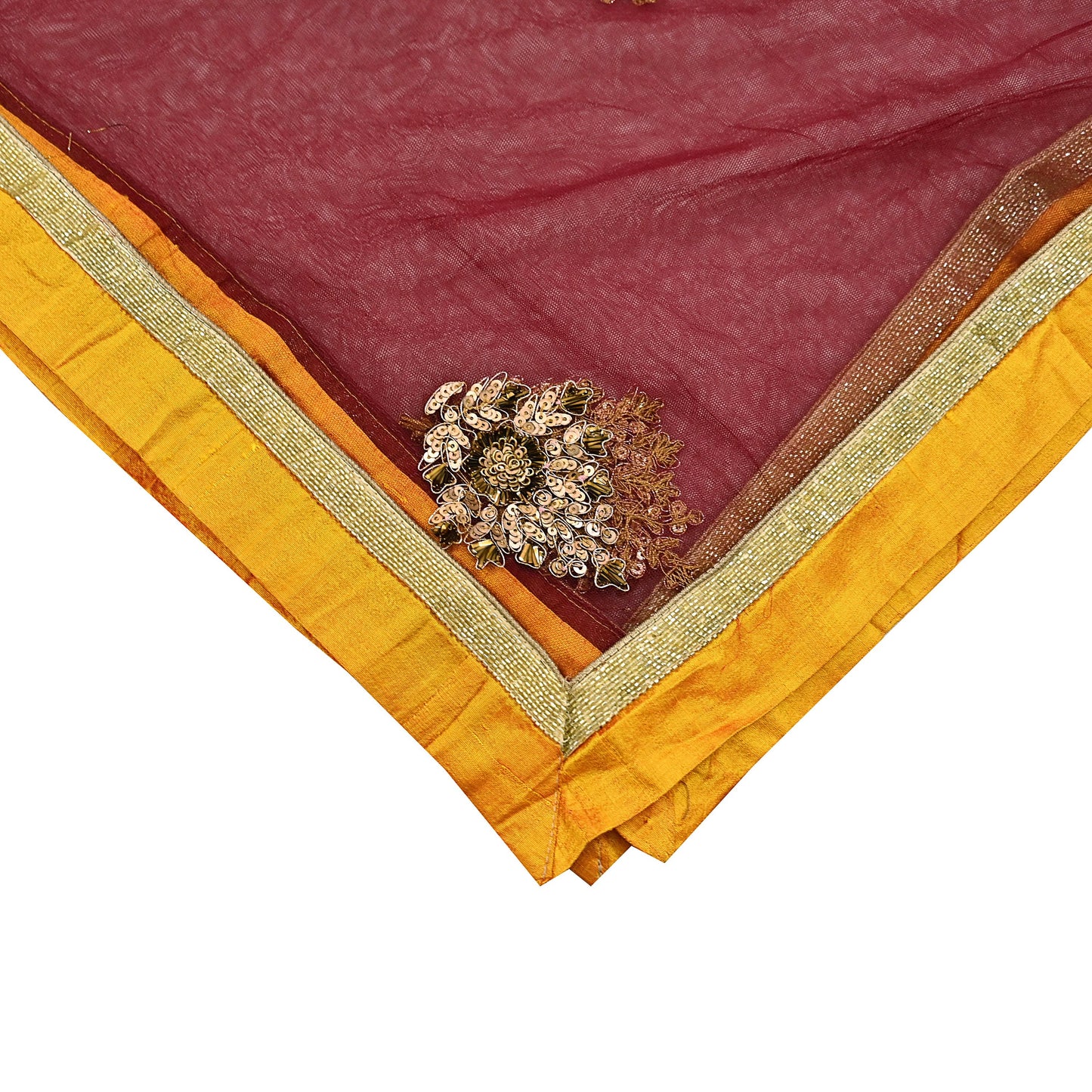Indian Vintage Maroon Dupatta Net Mesh Long Stole Hand Embroidered Scarves Golden Zardozi Zari Sequins Hijab Veil wrap Boho