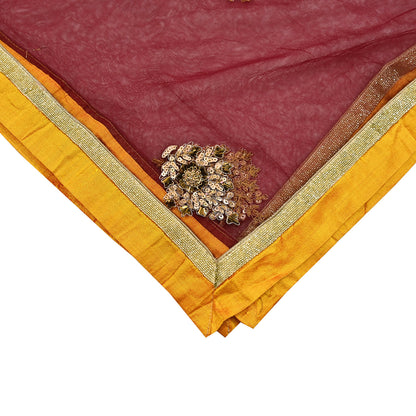Indian Vintage Maroon Dupatta Net Mesh Long Stole Hand Embroidered Scarves Golden Zardozi Zari Sequins Hijab Veil wrap Boho
