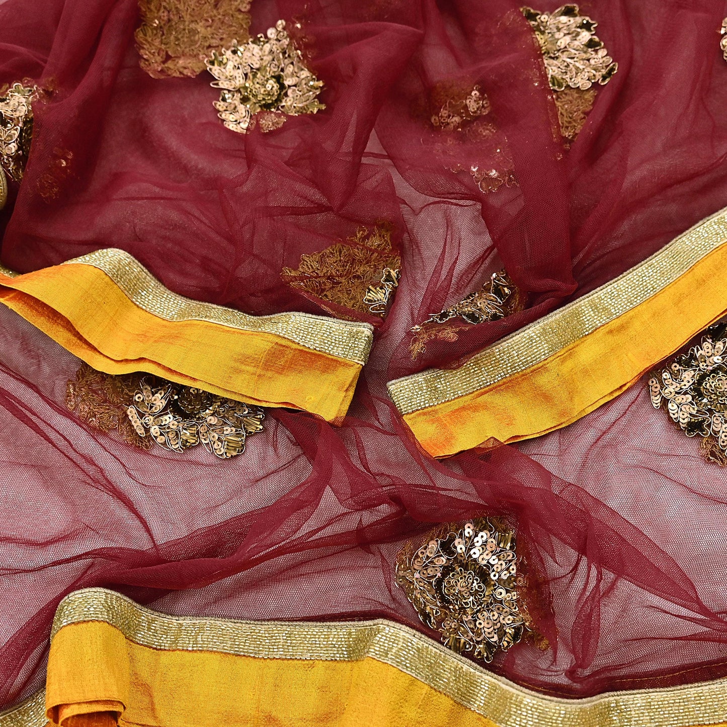 Indian Vintage Maroon Dupatta Net Mesh Long Stole Hand Embroidered Scarves Golden Zardozi Zari Sequins Hijab Veil wrap Boho