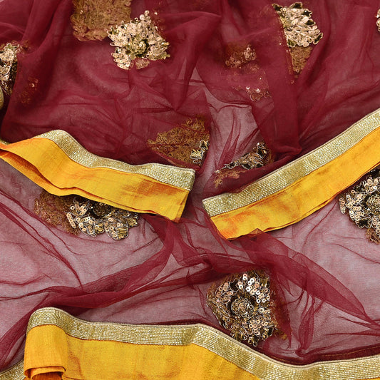 Indian Vintage Maroon Dupatta Net Mesh Long Stole Hand Embroidered Scarves Golden Zardozi Zari Sequins Hijab Veil wrap Boho