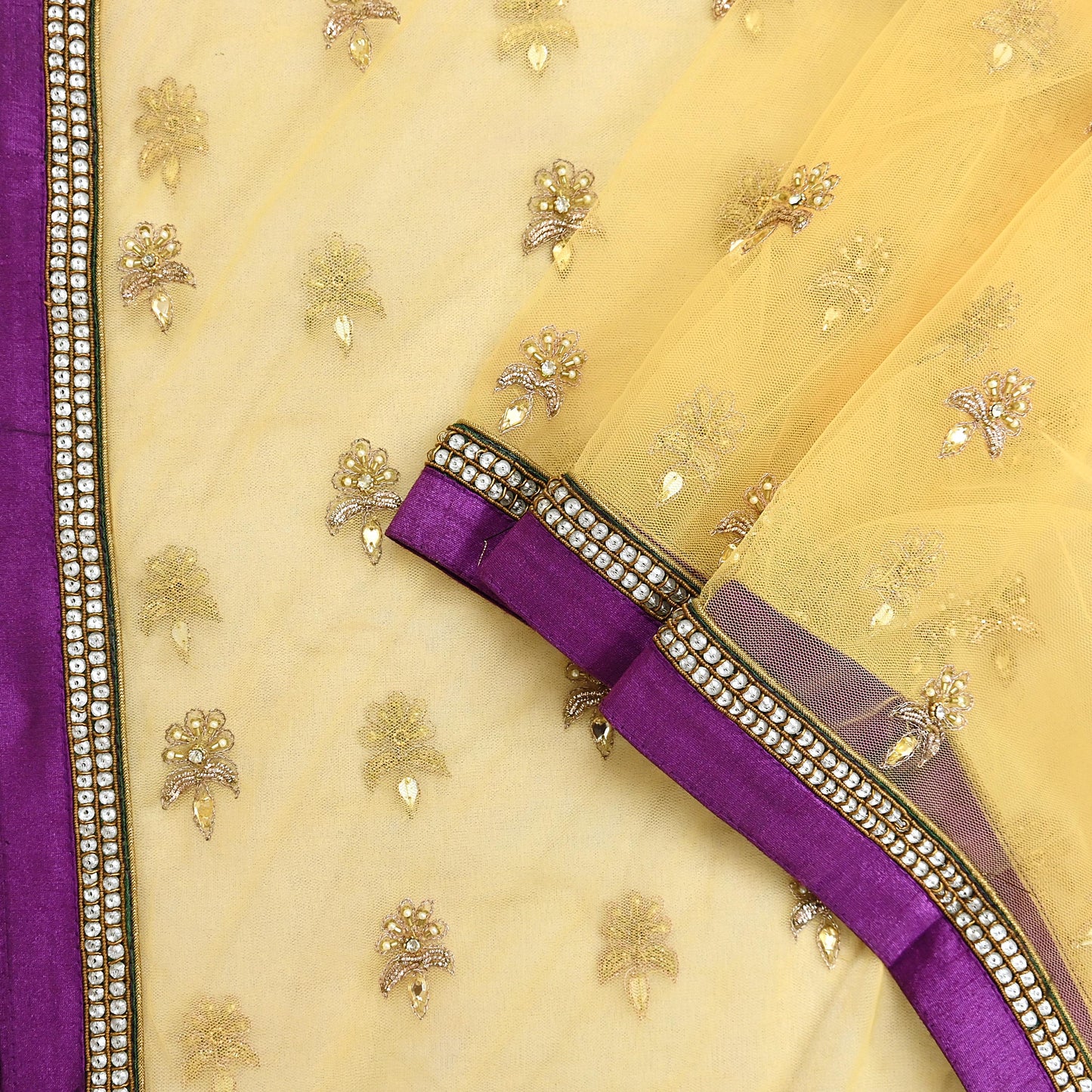 Indian Vintage Heavy Yellow Dupatta Net Mesh Long Stole Hand Embroidered Scarves Golden Zardozi Zari Sequins Hijab Veil wrap Boho