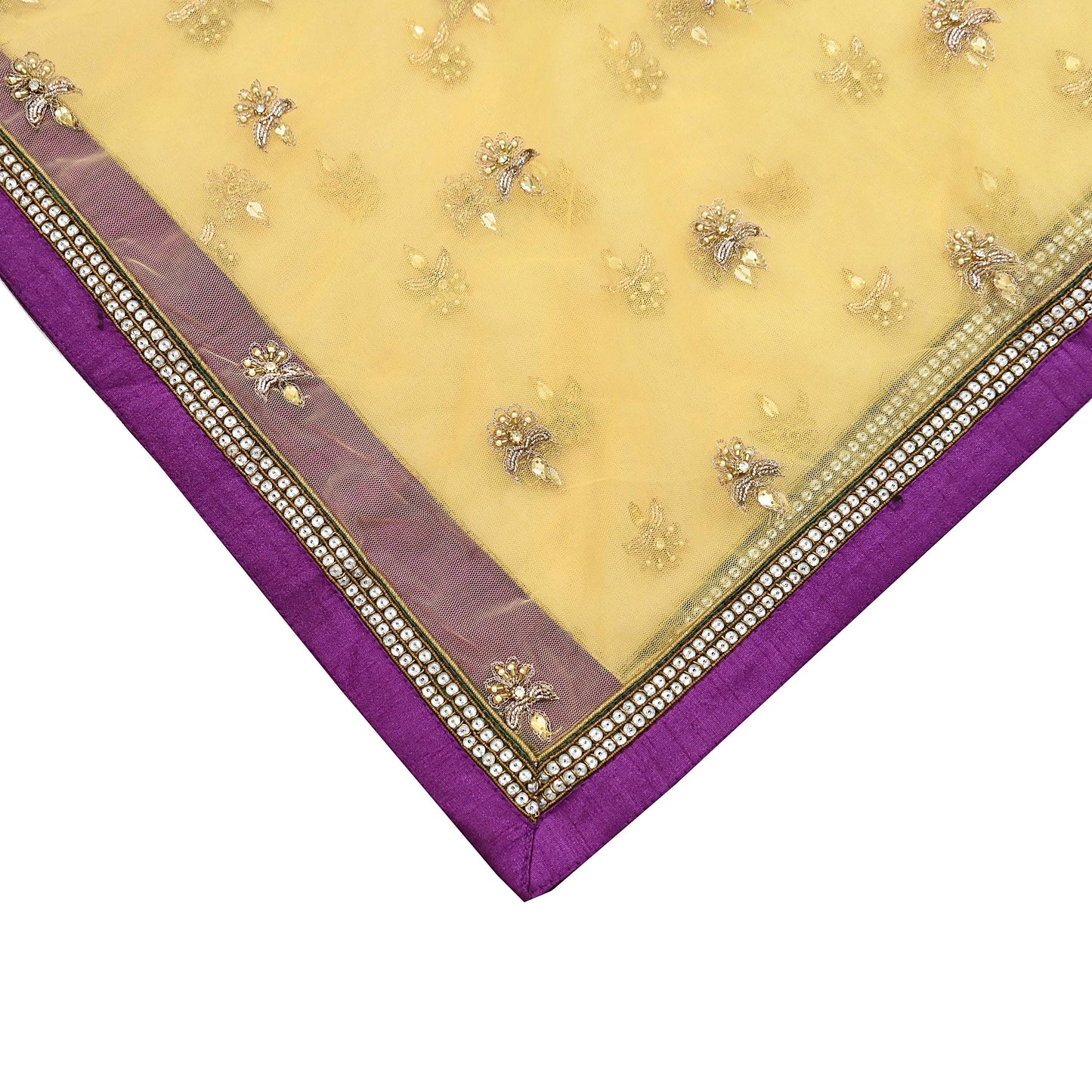 Indian Vintage Heavy Yellow Dupatta Net Mesh Long Stole Hand Embroidered Scarves Golden Zardozi Zari Sequins Hijab Veil wrap Boho
