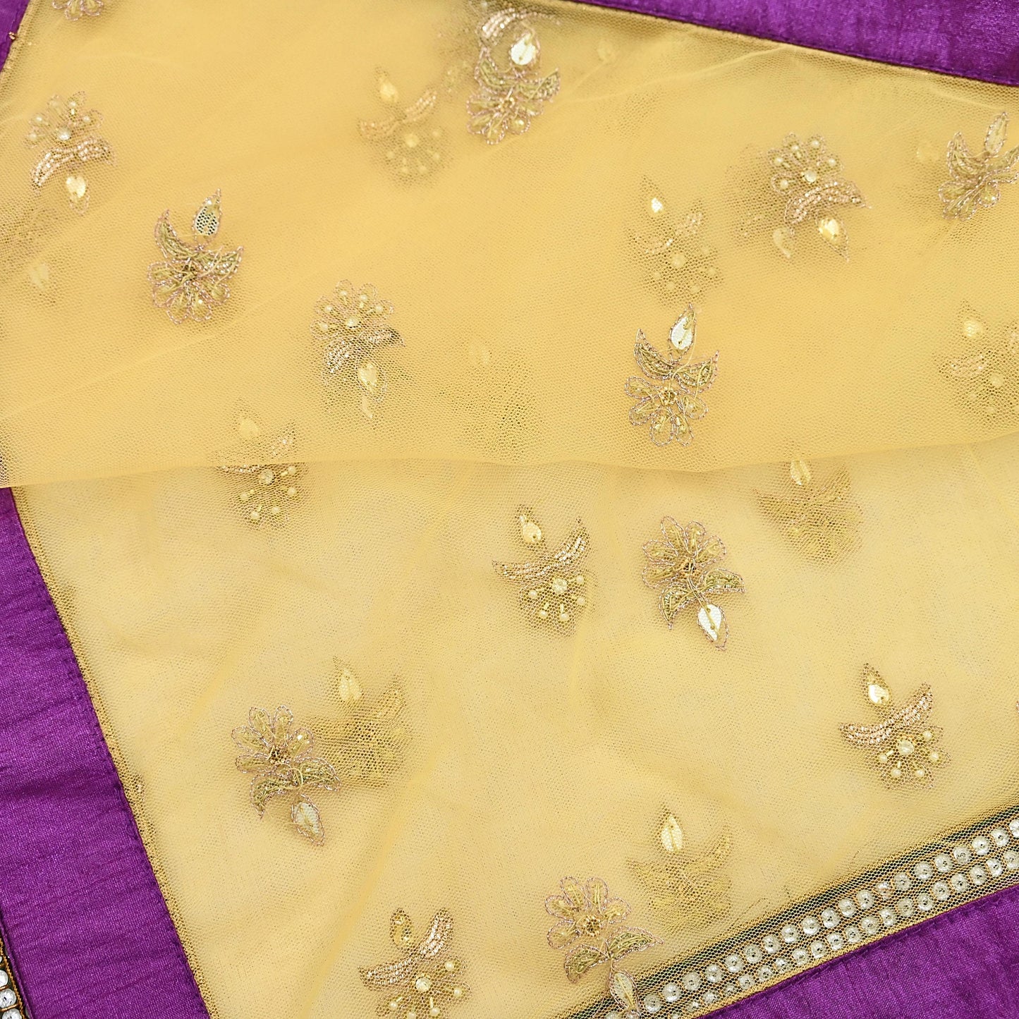 Indian Vintage Heavy Yellow Dupatta Net Mesh Long Stole Hand Embroidered Scarves Golden Zardozi Zari Sequins Hijab Veil wrap Boho