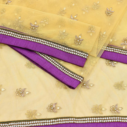 Indian Vintage Heavy Yellow Dupatta Net Mesh Long Stole Hand Embroidered Scarves Golden Zardozi Zari Sequins Hijab Veil wrap Boho