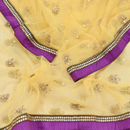 Indian Vintage Heavy Yellow Dupatta Net Mesh Long Stole Hand Embroidered Scarves Golden Zardozi Zari Sequins Hijab Veil wrap Boho